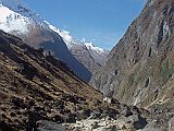 201 Looking Down The Miristi Khola Gorge �Without batting an eyelid he [Schatz] marched confidently towards the edge of all things. Miracle of miracles! At the precise moment when all else failed a couloir opened at our feet, and a steep but relatively easy descent of somewhat over two thousand feet took us down to the Miristi Khola just a few hundred yards above the beginning of the gorges� (Lionel Terray, Conquistadors of the Useless).